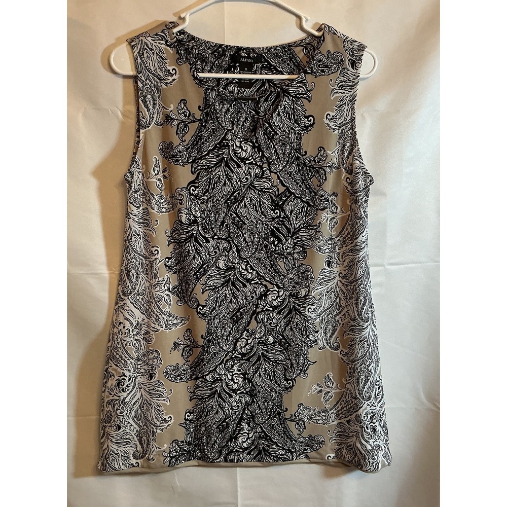 Alfani Women's Shirt Tunic Blouse Tan Black Paisley Sleeveless Stretch - Size S